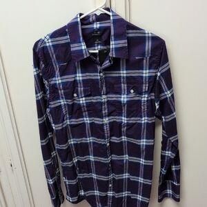 Club Monaco Men's Blue and White Plaid Shirt